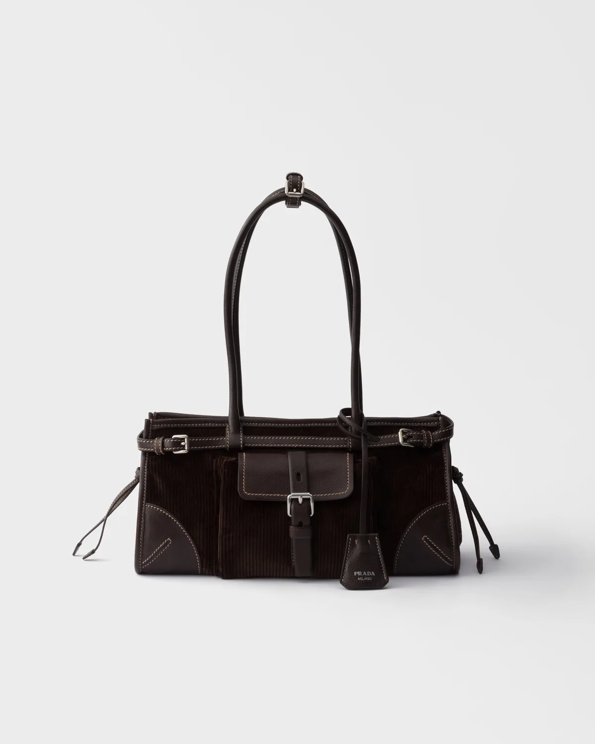 Prada Bonnie Medium Corduroy and Leather Handbag (Ebony)